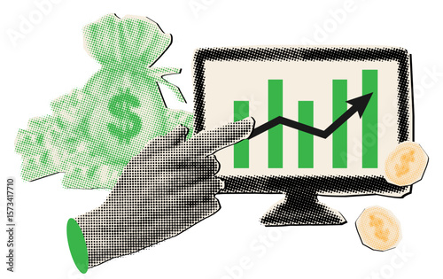 Contemporary halftone collage with hand showing a computer monitor money with growing graph, collage banner of financial planning,investment concept,business strategy