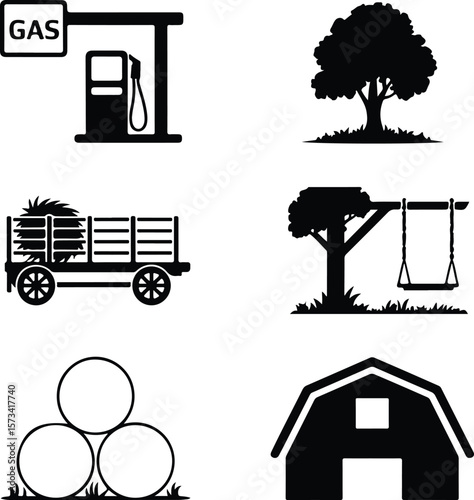 Farm icons gas station tree hay wagon swing set hay bales barn