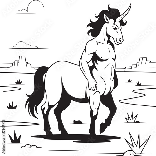 A black and white illustration of a muscular centaur unicorn standing in a desert landscape view art on transparent background
