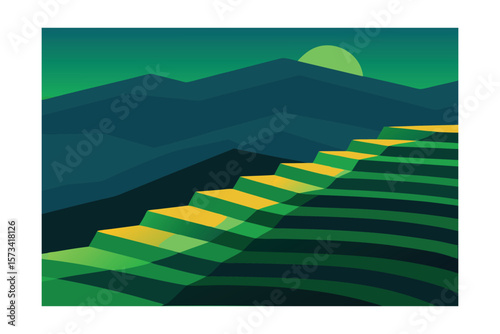 Layers Of Green Terraces Under Warm Twilight Glow