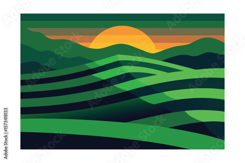 Layers Of Green Terraces Under Warm Twilight Glow