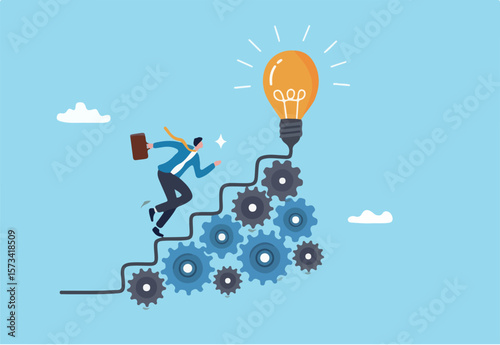 Best practices development, strategy to success or improvement, planning, progress or implementation process, efficiency or productivity concept, businessman running up stair on cogwheel gears system