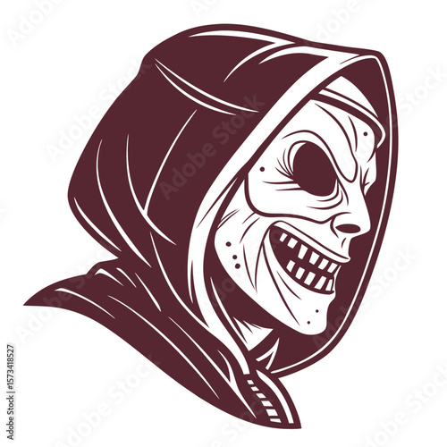 A menacing stylized illustration of a skull wearing a dark hooded cloak depicted in profile with a sinister grin and empty eye sockets against a white background