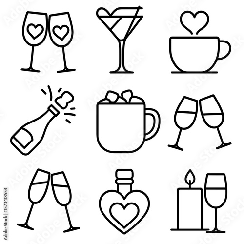 Valentine's Day Drinks. Outline style icons of Valentine’s Day Drinks Silhouette: two wine glasses, romantic cocktail,