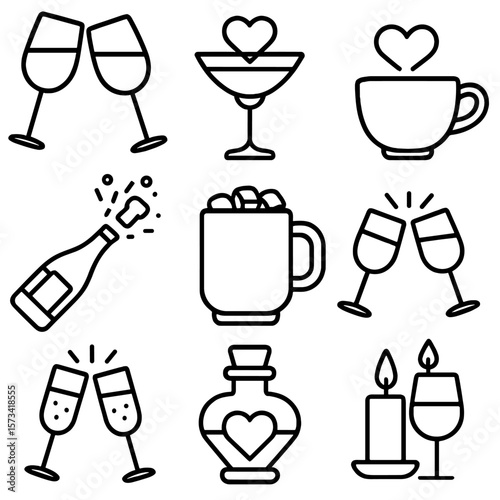 Valentine's Day Drinks. Outline style icons of Valentine’s Day Drinks Silhouette: two wine glasses, romantic cocktail,