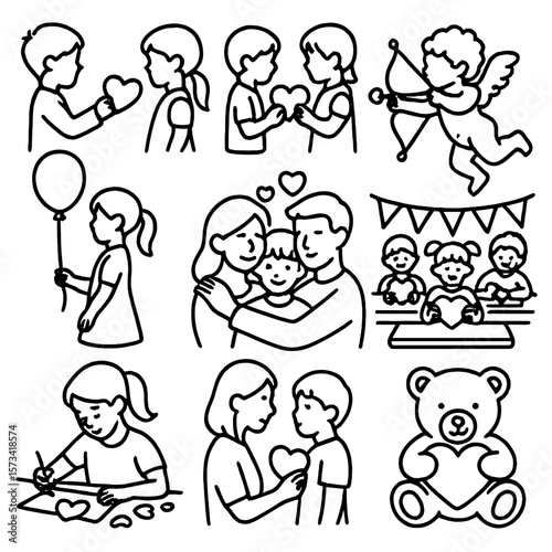 Valentine's Day Kids Icons. Outline style icons of Valentine’s Day Kids Silhouette: child giving valentine, kids exchanging cards,