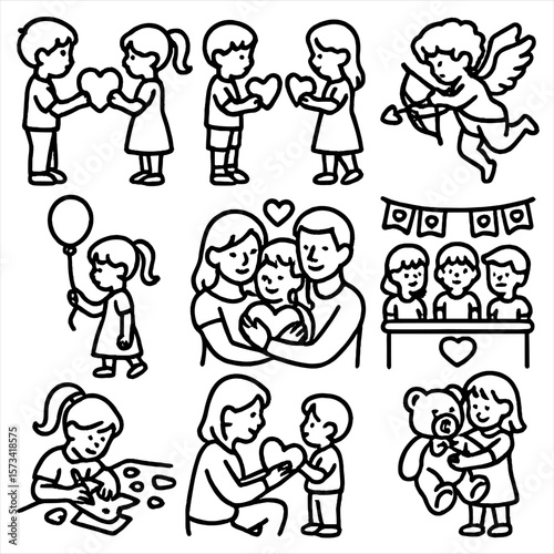 Valentine's Day Kids Icons. Outline style icons of Valentine’s Day Kids Silhouette: child giving valentine, kids exchanging cards,