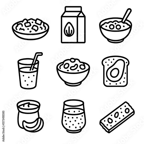 Vegan Breakfast Icons. Outline style icons of Vegan Breakfast: tofu scramble, almond milk carton, oat porridge, fruit smoothie,