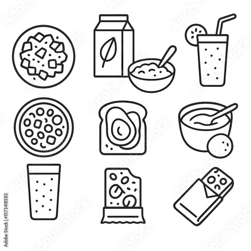 Vegan Breakfast Icons. Outline style icons of Vegan Breakfast: tofu scramble, almond milk carton, oat porridge, fruit smoothie,