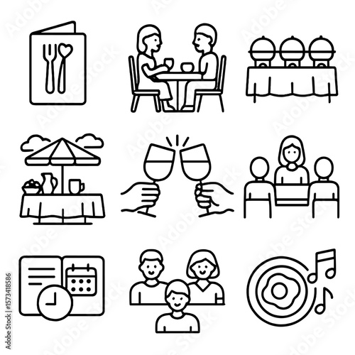 Brunch Icons Collection. Outline style icons of Brunch Events and Culture: brunch invitation card, couple brunching, buffet table,
