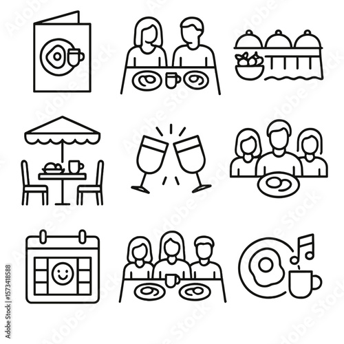 Brunch Icons Collection. Outline style icons of Brunch Events and Culture: brunch invitation card, couple brunching, buffet table,