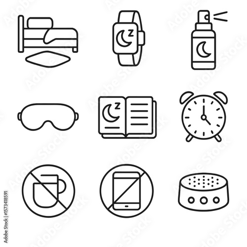 Sleepwalking Prevention Icons. Outline style icons of Sleepwalking Prevention Tools: bed alarm sensor, wearable sleep tracker,