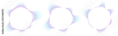 Sound equalizer icons with lines and dots, gradient neon circular sound wave frames, abstract radial music icons. Audio beat symbol concept isolated on white. Vector illustration.