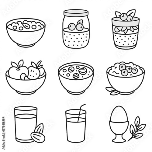 Healthy Breakfast Icons. Outline style icons of Healthy Breakfast Options: granola bowl, chia pudding, yogurt parfait, fruit bowl,