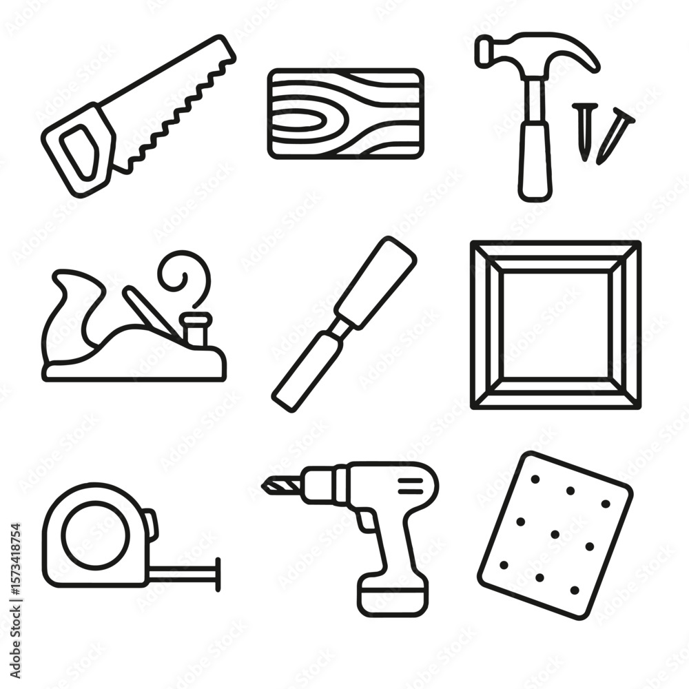 Fototapeta premium Woodworking Tools Icons. Outline style icons of Woodworking Hobby: hand saw, wood block, hammer and nails, wood plane, chiseling