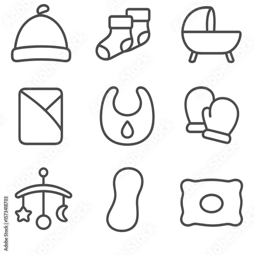 Newborn Essentials Icons. Outline style icons of Newborn Essentials Silhouette: baby hat, tiny socks, bassinet, receiving blanket,