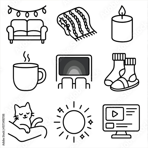 Cozy Movie Icons. Outline style icons of Cozy Movie Setting: fairy lights above couch, knitted throw blanket, lit candle, hot