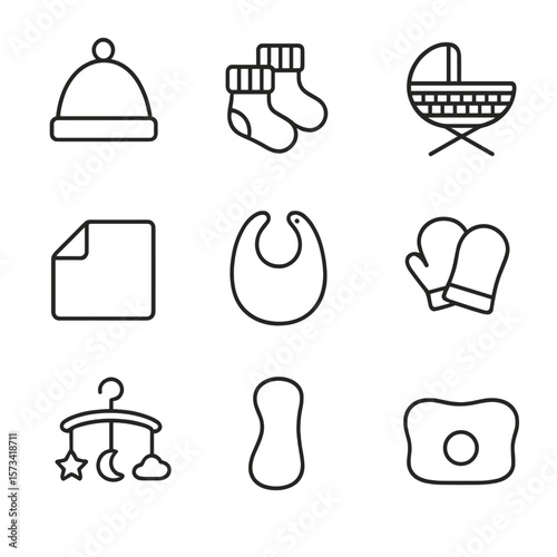 Newborn Essentials Icons. Outline style icons of Newborn Essentials Silhouette: baby hat, tiny socks, bassinet, receiving blanket,