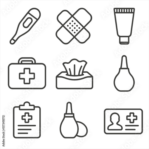 First Aid Icons. Outline style icons of First Aid Silhouette: baby thermometer, medicine dropper, safety bandage, baby ointment