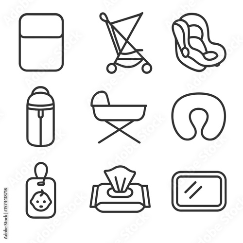Travel Baby Essentials. Outline style icons of Travel and On-the-Go Silhouette: portable changing pad, compact stroller, baby car