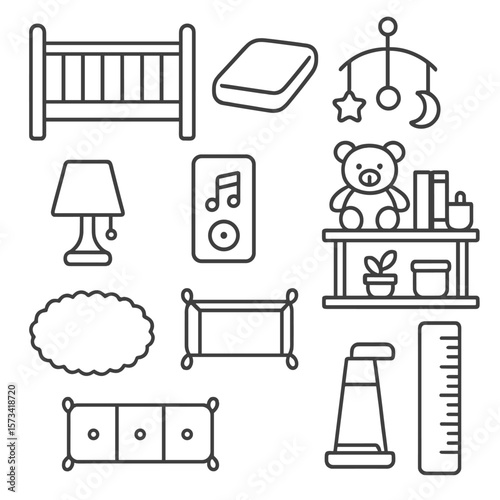 Nursery Icon Setup. Outline style icons of Crib and Nursery Silhouette: crib icon, fitted sheet, mobile toy hanger, night lamp,