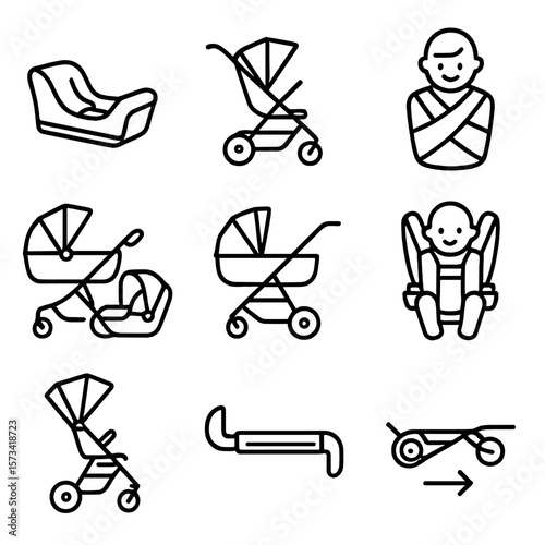 Baby Transport Icons. Outline style icons of Baby Transportation Silhouette: car seat base, stroller silhouette, travel system set