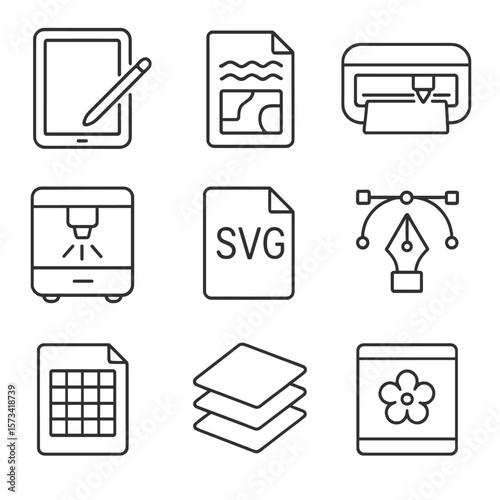 Digital Crafting Icons. Outline style icons of Digital Crafting: tablet with stylus, digital pattern file, Cricut cutter, laser