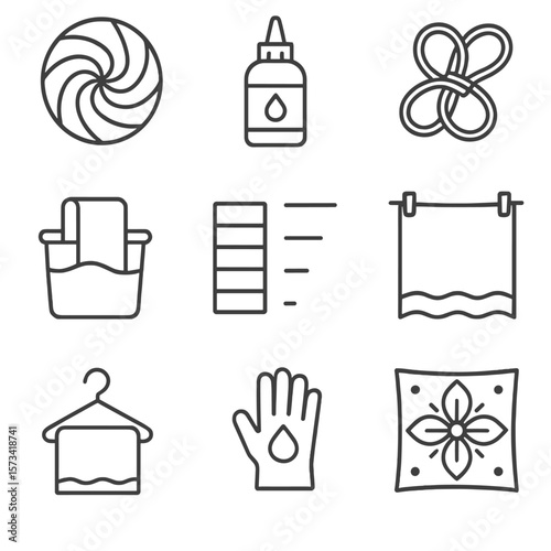 Fabric Dye Icons. Outline style icons of Fabric Dyeing: tie-dye swirl, dye bottle, rubber bands, dip dye bucket, color fade chart,