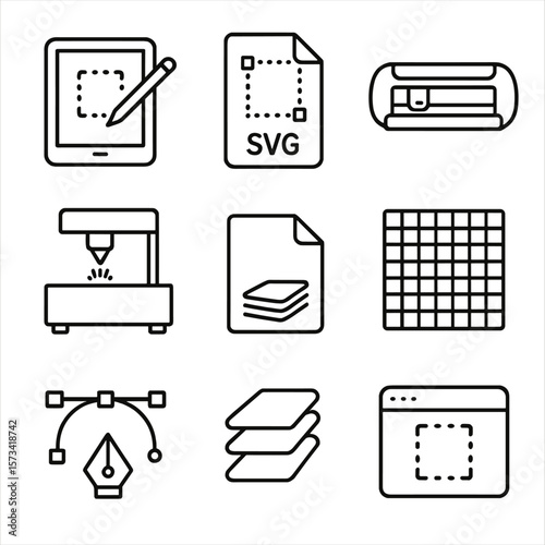 Digital Crafting Icons. Outline style icons of Digital Crafting: tablet with stylus, digital pattern file, Cricut cutter, laser