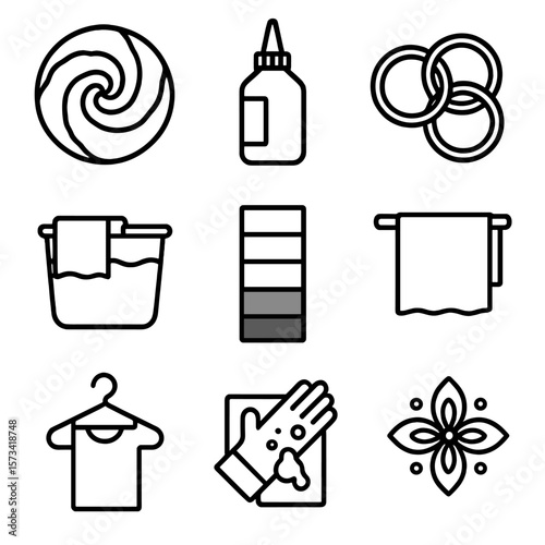 Fabric Dye Icons. Outline style icons of Fabric Dyeing: tie-dye swirl, dye bottle, rubber bands, dip dye bucket, color fade chart,