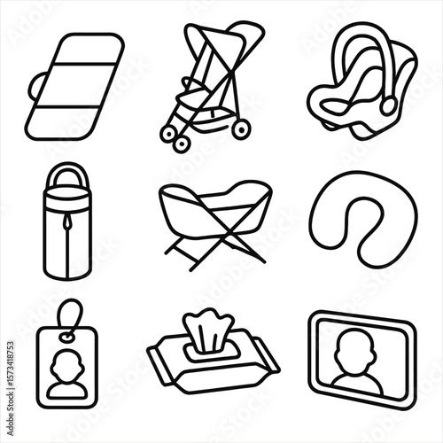 Travel Baby Essentials. Outline style icons of Travel and On-the-Go Silhouette: portable changing pad, compact stroller, baby car
