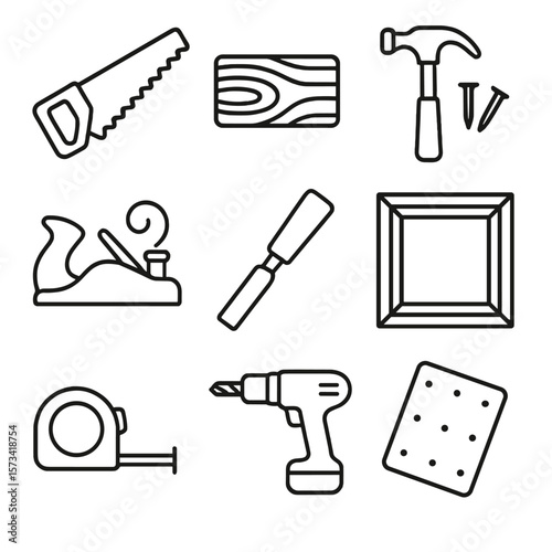 Woodworking Tools Icons. Outline style icons of Woodworking Hobby: hand saw, wood block, hammer and nails, wood plane, chiseling