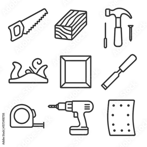 Woodworking Tools Icons. Outline style icons of Woodworking Hobby: hand saw, wood block, hammer and nails, wood plane, chiseling