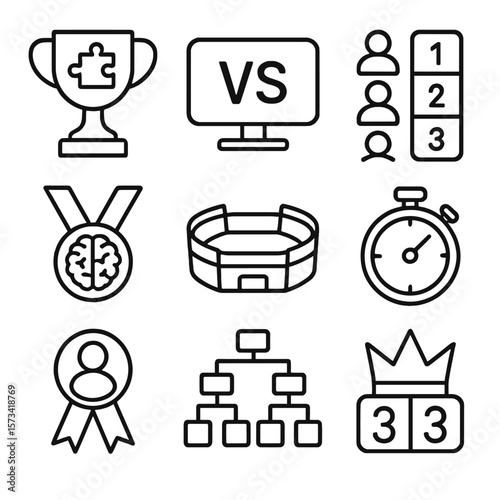 Puzzle Tournament Icons. Outline style icons of Puzzle Tournament Silhouette: trophy with puzzle piece, versus screen, ranked