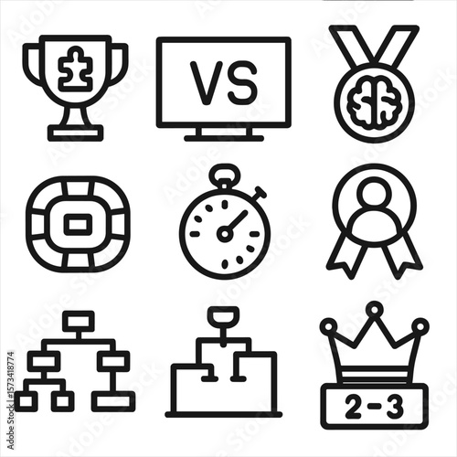 Puzzle Tournament Icons. Outline style icons of Puzzle Tournament Silhouette: trophy with puzzle piece, versus screen, ranked