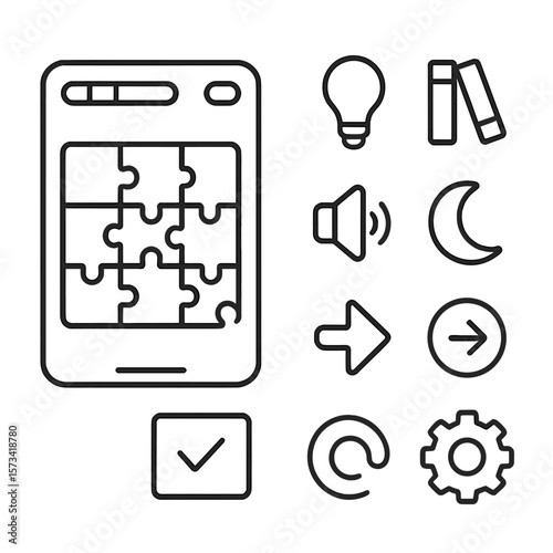Puzzle App Icons. Outline style icons of Puzzle App Interface Silhouette: UI screen with score bar, hint button, puzzle library,