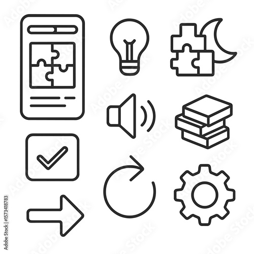 Puzzle App Icons. Outline style icons of Puzzle App Interface Silhouette: UI screen with score bar, hint button, puzzle library,