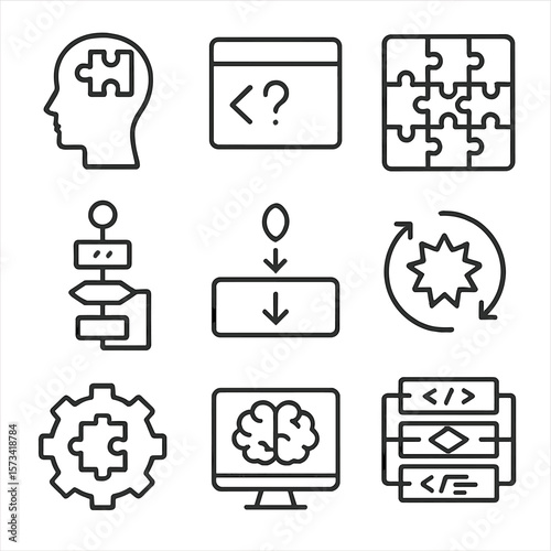 Digital Puzzle Icons. Outline style icons of Digital Puzzle Generation Silhouette: AI-generated puzzle icon, code with riddle icon