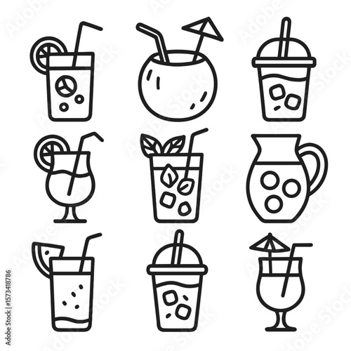 Summer Drink Silhouettes. Outline style icons of Summer Drinks Silhouette: glass of lemonade, coconut drink with straw, iced tea