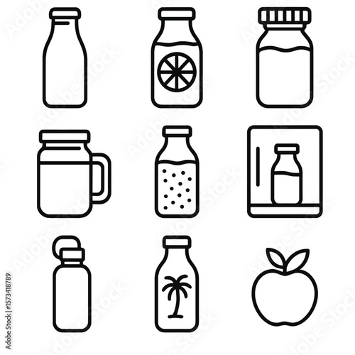 Juice Bottle Icons. Outline style icons of Juice Bottles Silhouette: glass juice bottle, citrus label icon, twist cap, fresh press