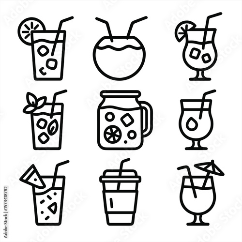 Summer Drink Silhouettes. Outline style icons of Summer Drinks Silhouette: glass of lemonade, coconut drink with straw, iced tea