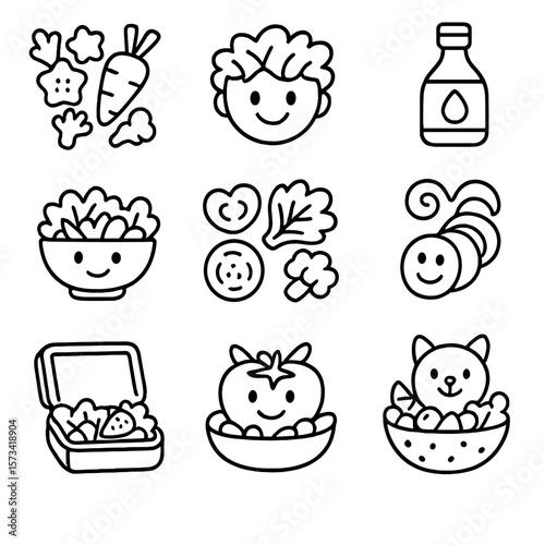 Fun Kids' Salad Icons. Outline style icons of Salad for Kids: fun-shaped veggies, smiley salad face, kid-sized bowl, mild dressing