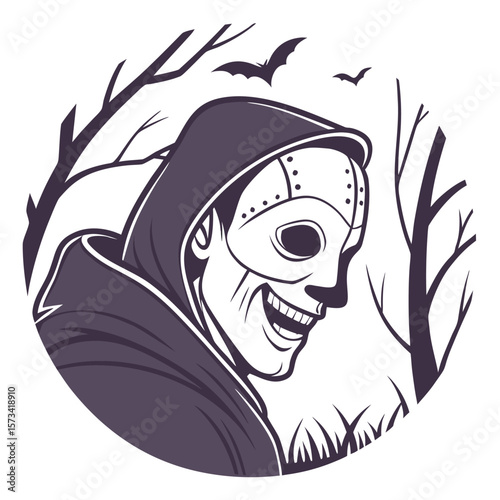 A sinister grinning skull wearing a hooded cloak stands in a spooky forest with bare trees and flying bats at night