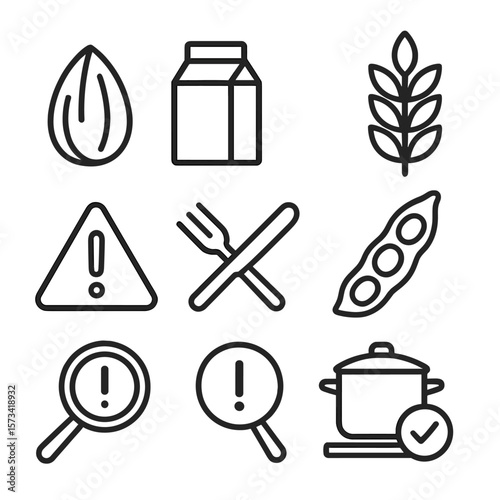 Salad Allergen Icons. Outline style icons of Salad Allergens: nut icon, dairy icon, gluten marker, soy icon, allergen caution