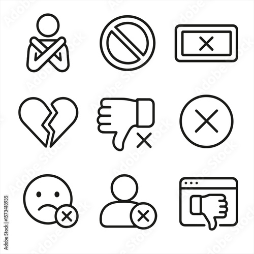 Rejection Icons. Outline style icons of Dislike and Rejection: cross hand gesture, no entry icon, rejected stamp, broken heart
