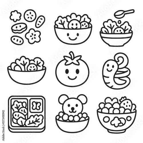 Fun Kids' Salad Icons. Outline style icons of Salad for Kids: fun-shaped veggies, smiley salad face, kid-sized bowl, mild dressing