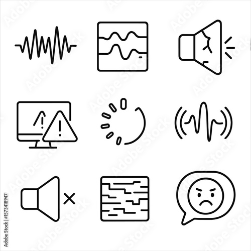 AV Feedback Icons. Outline style icons of Audio/Video Feedback Issues: static sound wave, distortion symbol, broken speaker icon,