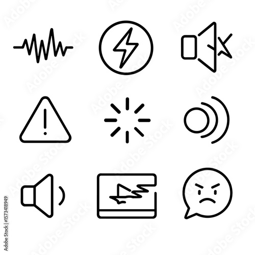AV Feedback Icons. Outline style icons of Audio/Video Feedback Issues: static sound wave, distortion symbol, broken speaker icon,