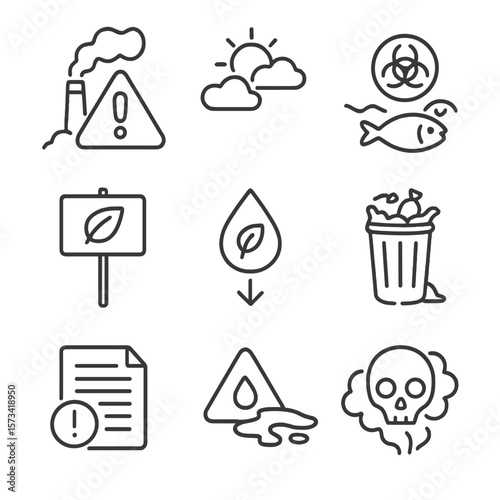 Environmental Danger Icons. Outline style icons of Environmental Complaint: pollution alert, smog warning, contaminated water icon