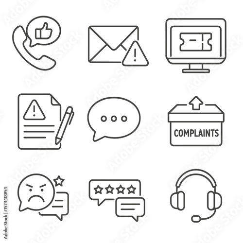 Complaint Channels Icons. Outline style icons of Complaint Channels: feedback phone call, email complaint icon, ticket system
